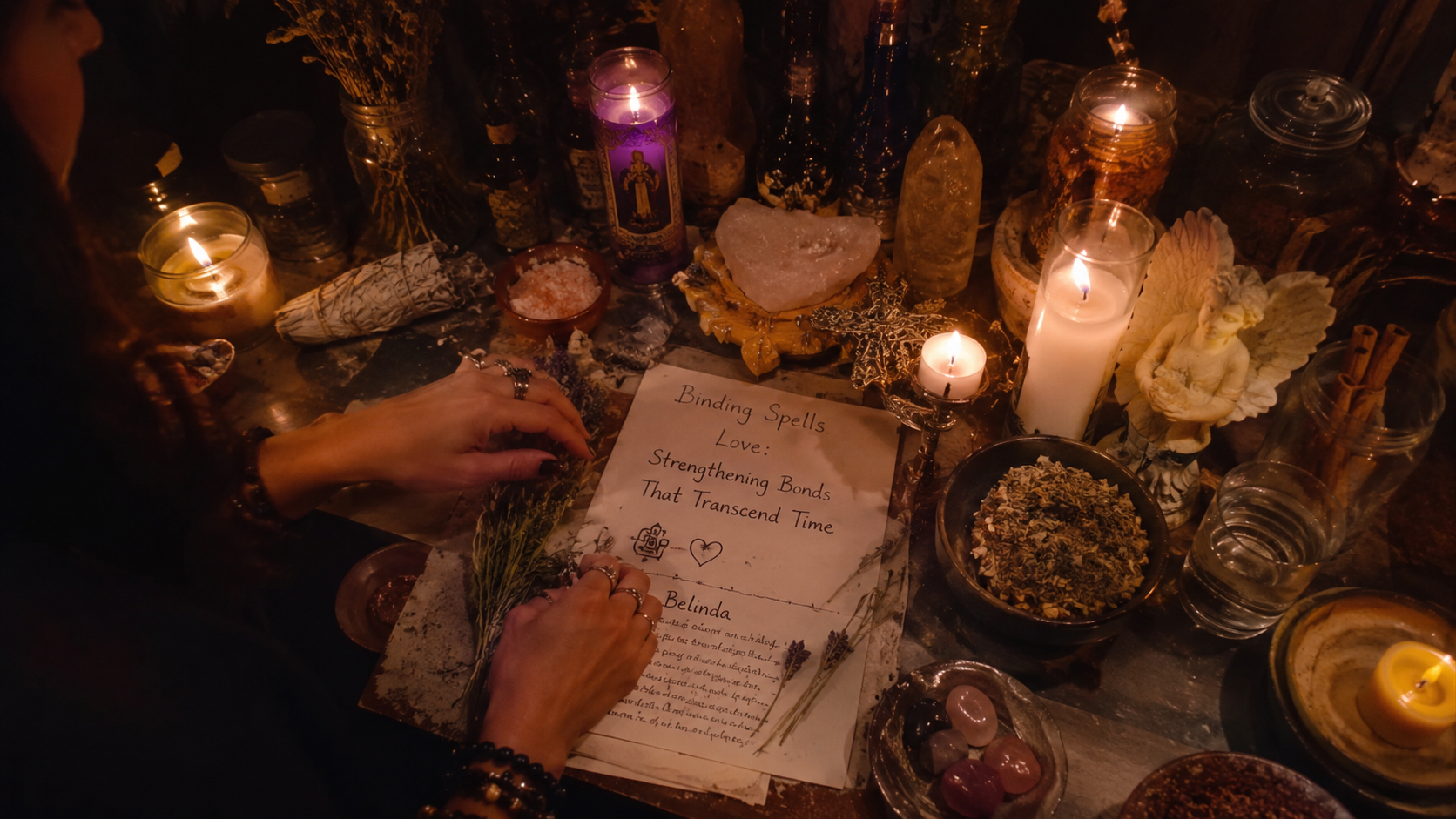 A glowing ritual altar with candles and herbs for binding spells love, symbolizing a timeless bond between two hearts