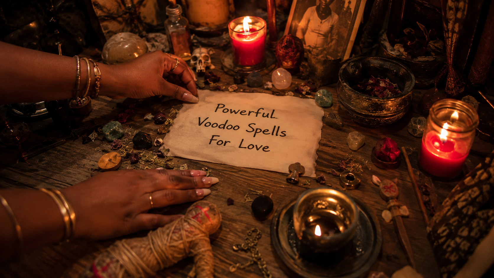 Powerful voodoo spells for love with candles, herbs, and ritual tools arranged for a mystical romantic spellcasting ceremony