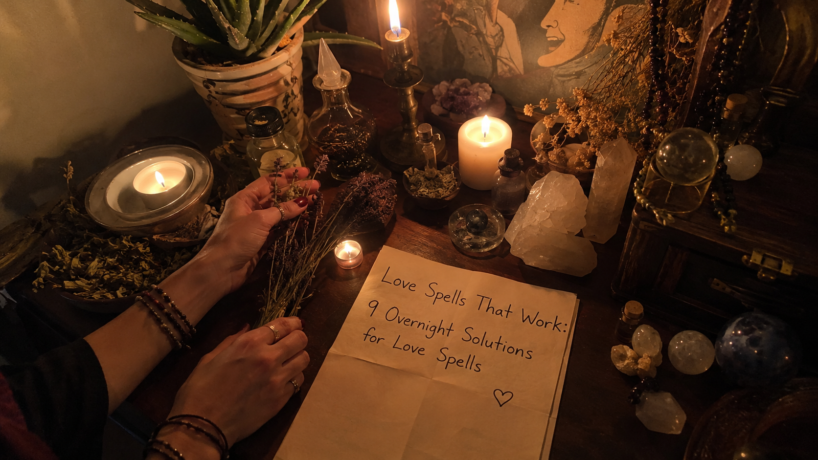 Mystical love spells ingredients on a candlelit altar symbolizing overnight solutions that work for attracting romance