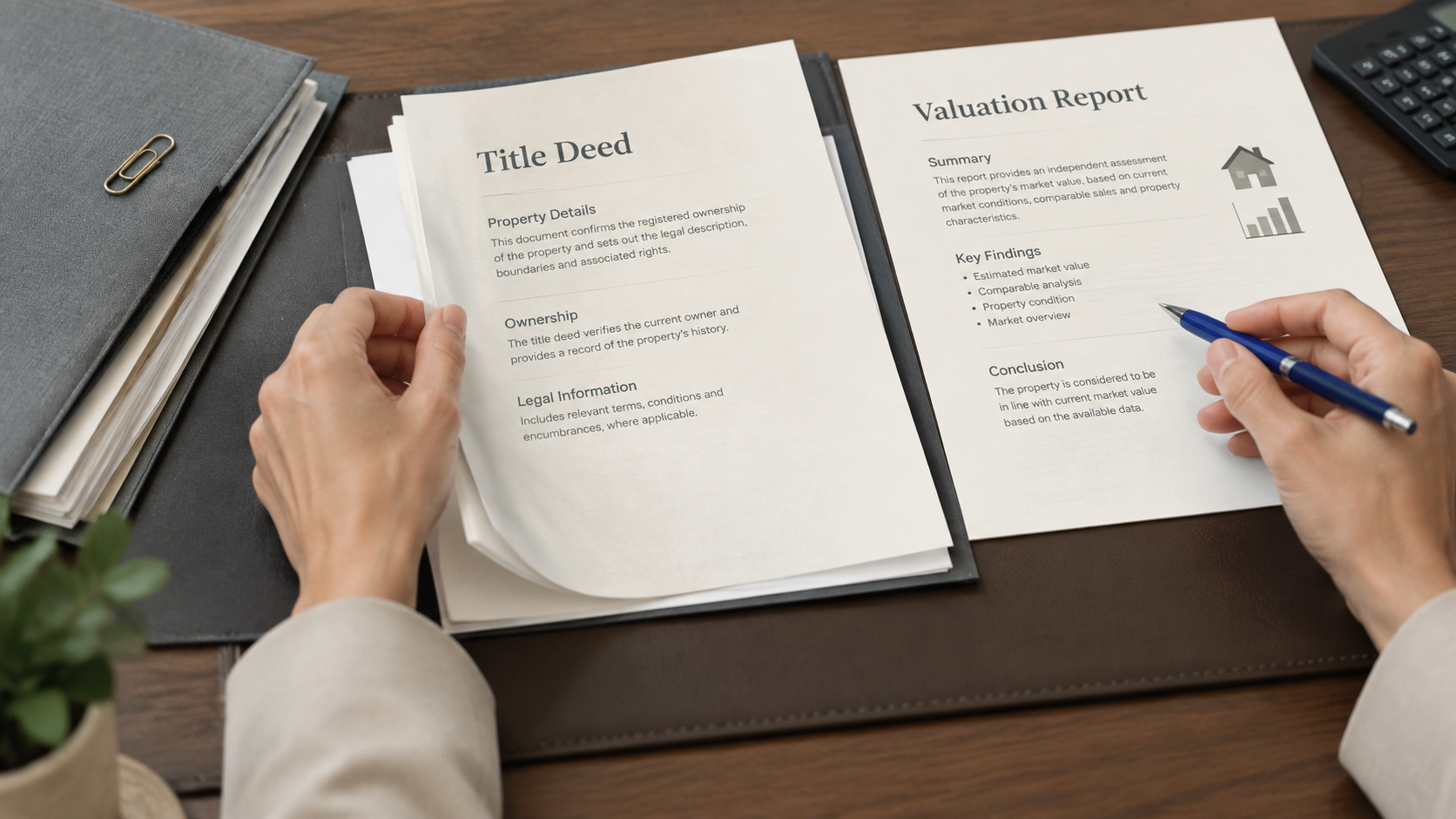 A close-up of hands reviewing property documents, such as a title deed and a valuation report, on a desk. Professional, neutral background