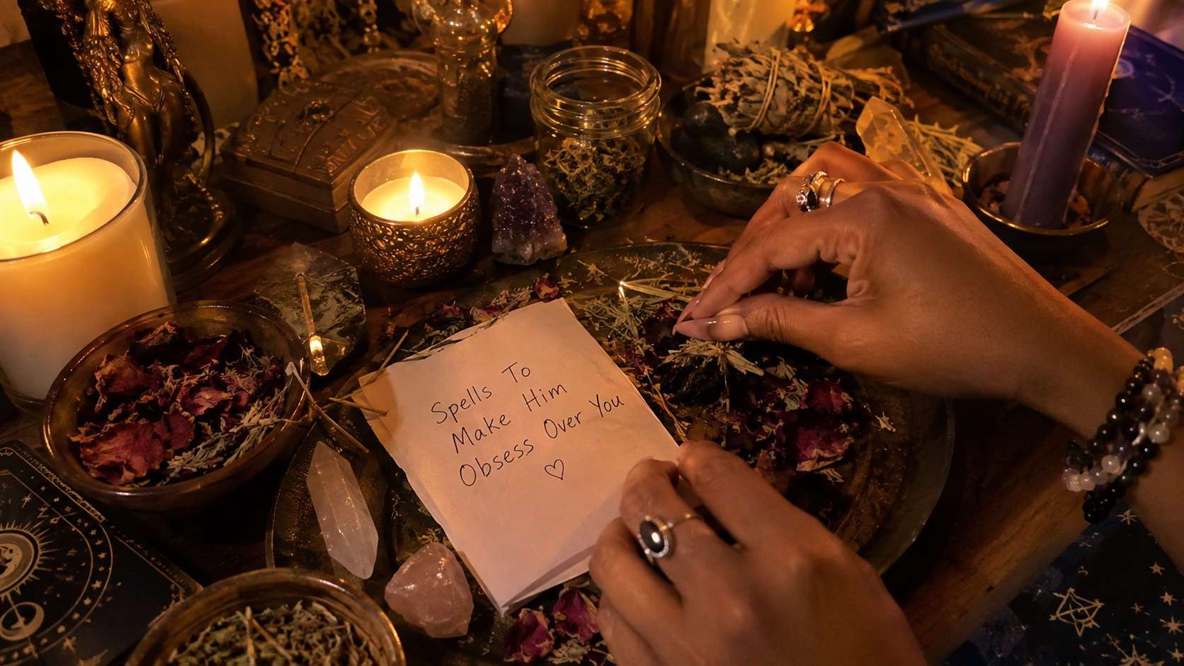 A woman holding candles and herbs during a ritual, illustrating spells to make him obsess over you with a mystical atmosphere