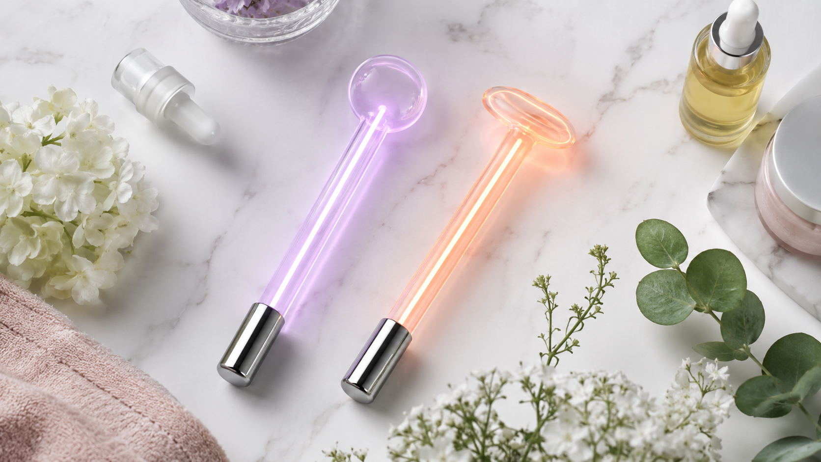 Infographic-style flat lay of argon and neon electrodes with color labels