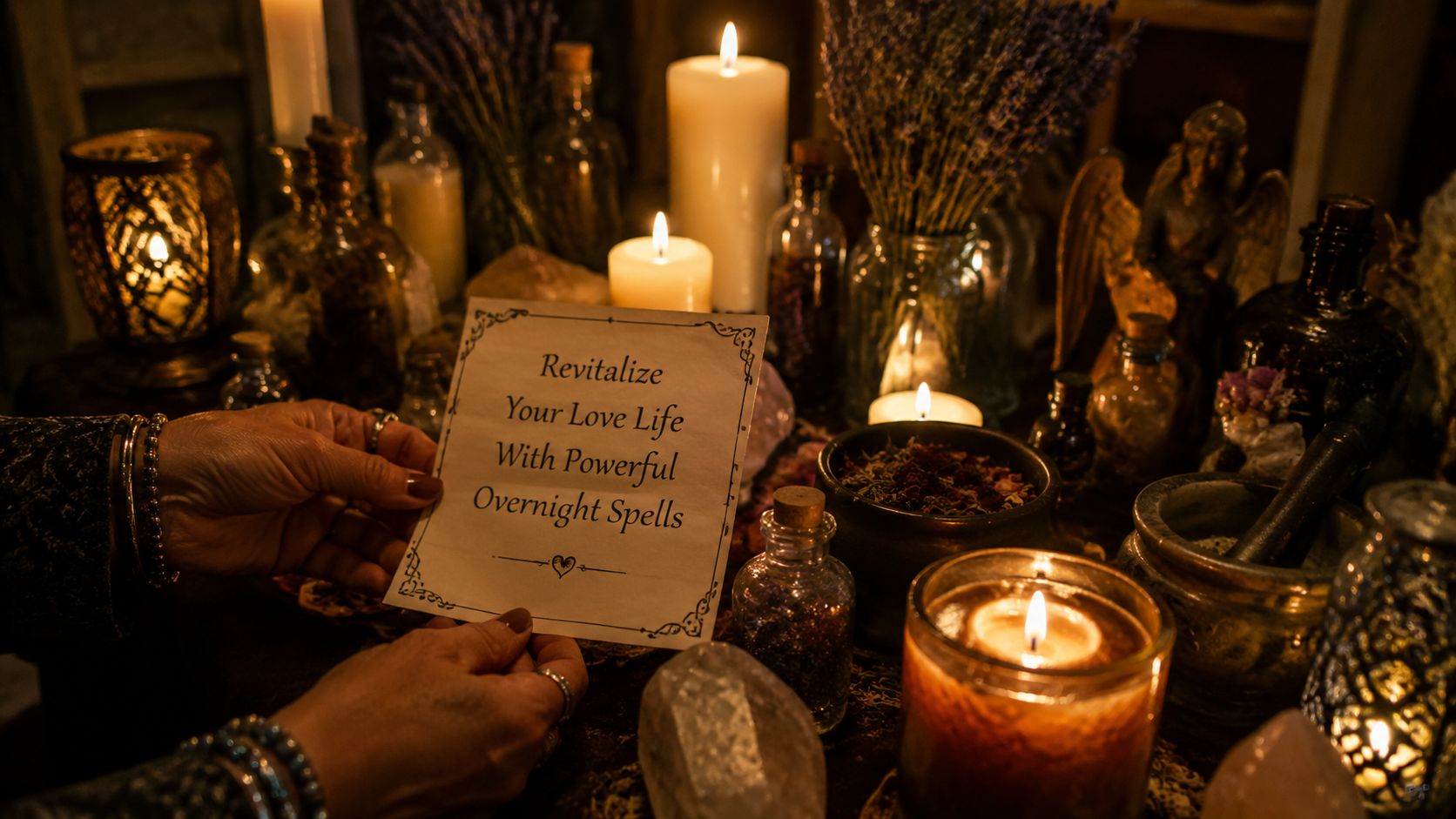Couple embracing under moonlight with candles and crystals for revitalizing your love life with powerful overnight spells