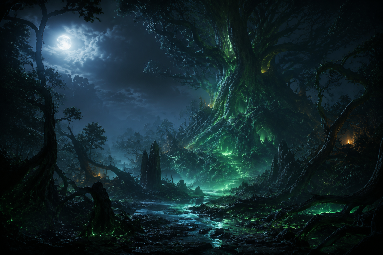 The Grelwood forest crossed by a river, glowing roots leading to the Tree of Souls