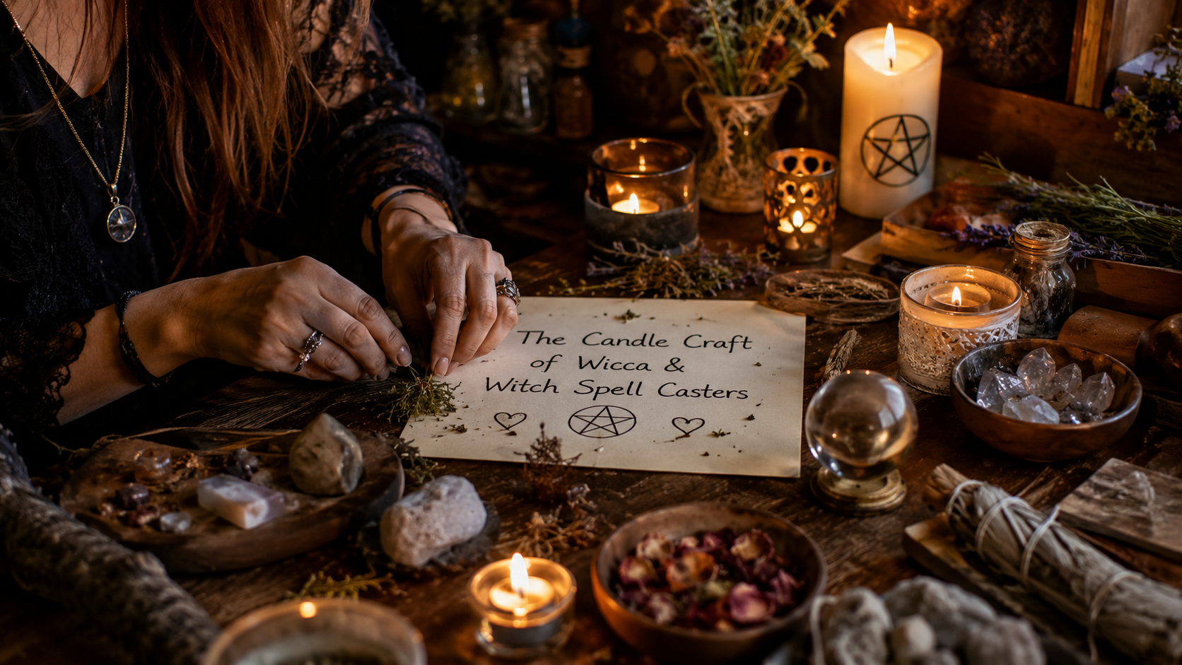 Wicca candle craft setup with spell candles, herbs, and mystical tools for witch spell casters in a ritual workspace