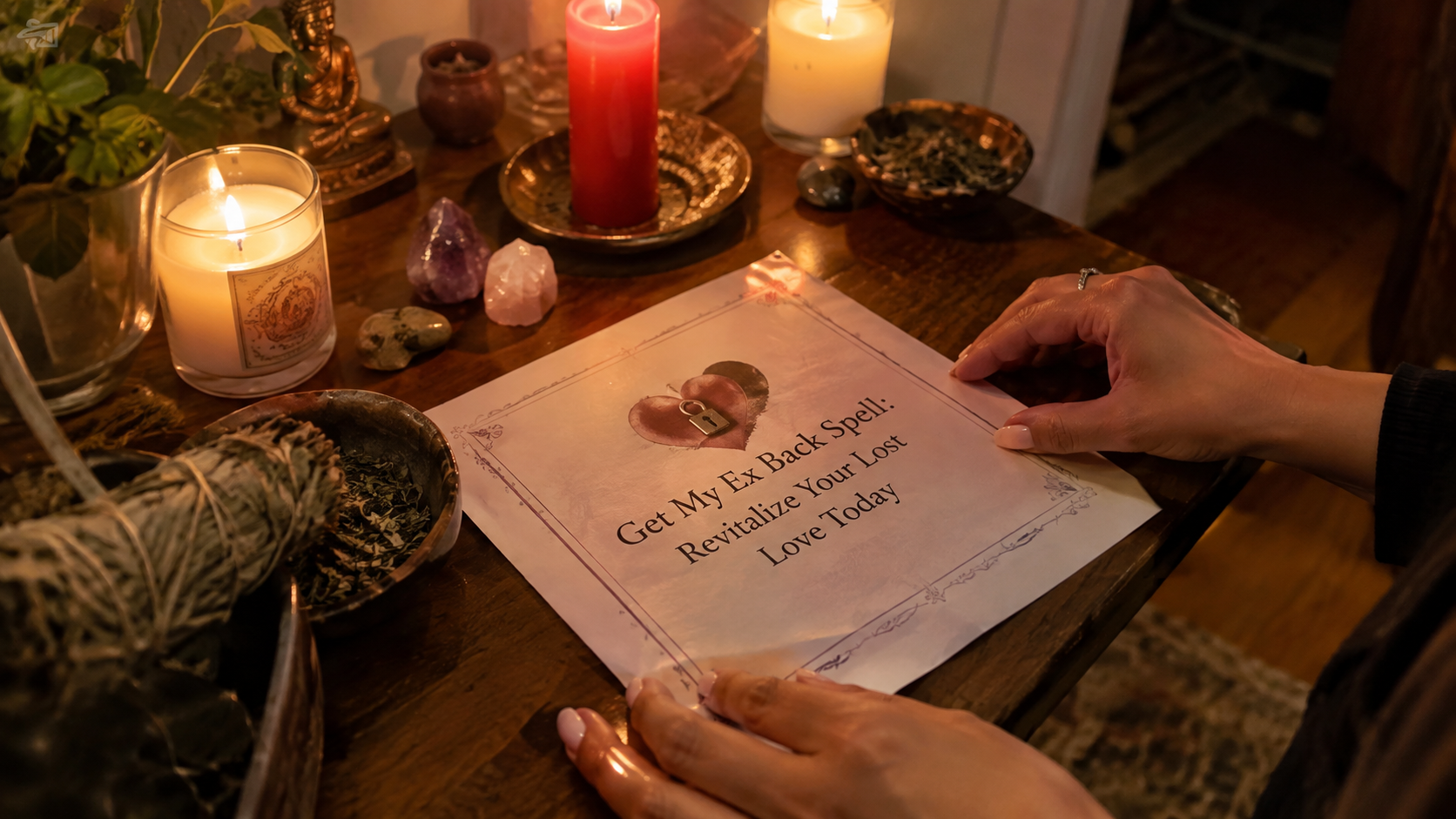 Person casting a get my ex back spell with candles and crystals to revive lost love and attract reconciliation tonight