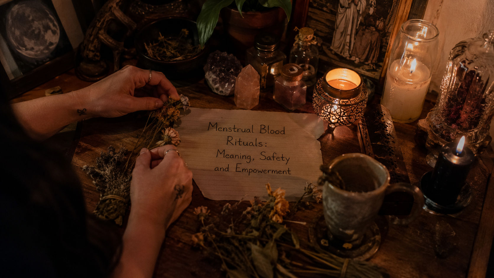 Hands holding a bowl of menstrual blood in a safe ritual setting, symbolizing meaning, safety, and empowerment