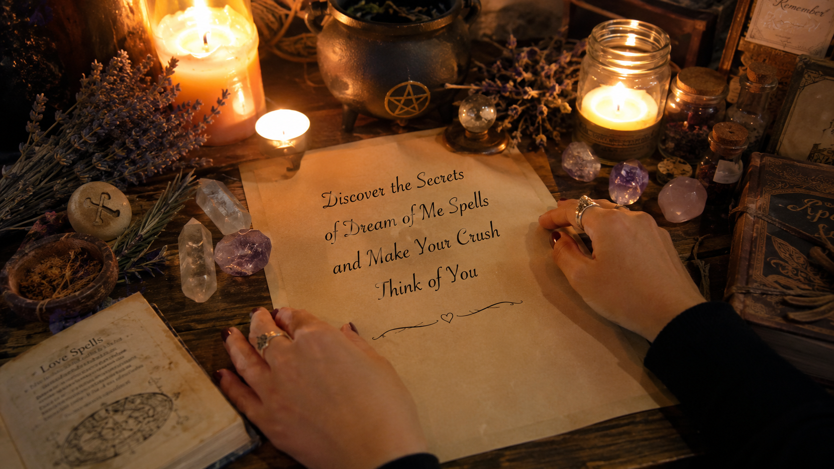 Dream of Me Spells guide with candles, crystals, and a romantic love ritual to help your crush think of you