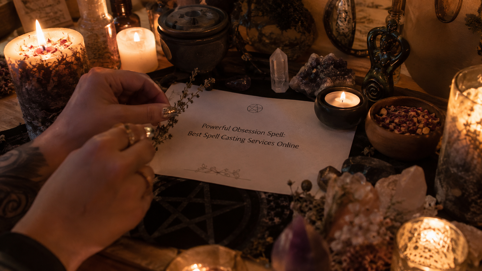 Online spell casting service for a powerful obsession spell, using candles, herbs, and ritual tools for love attraction