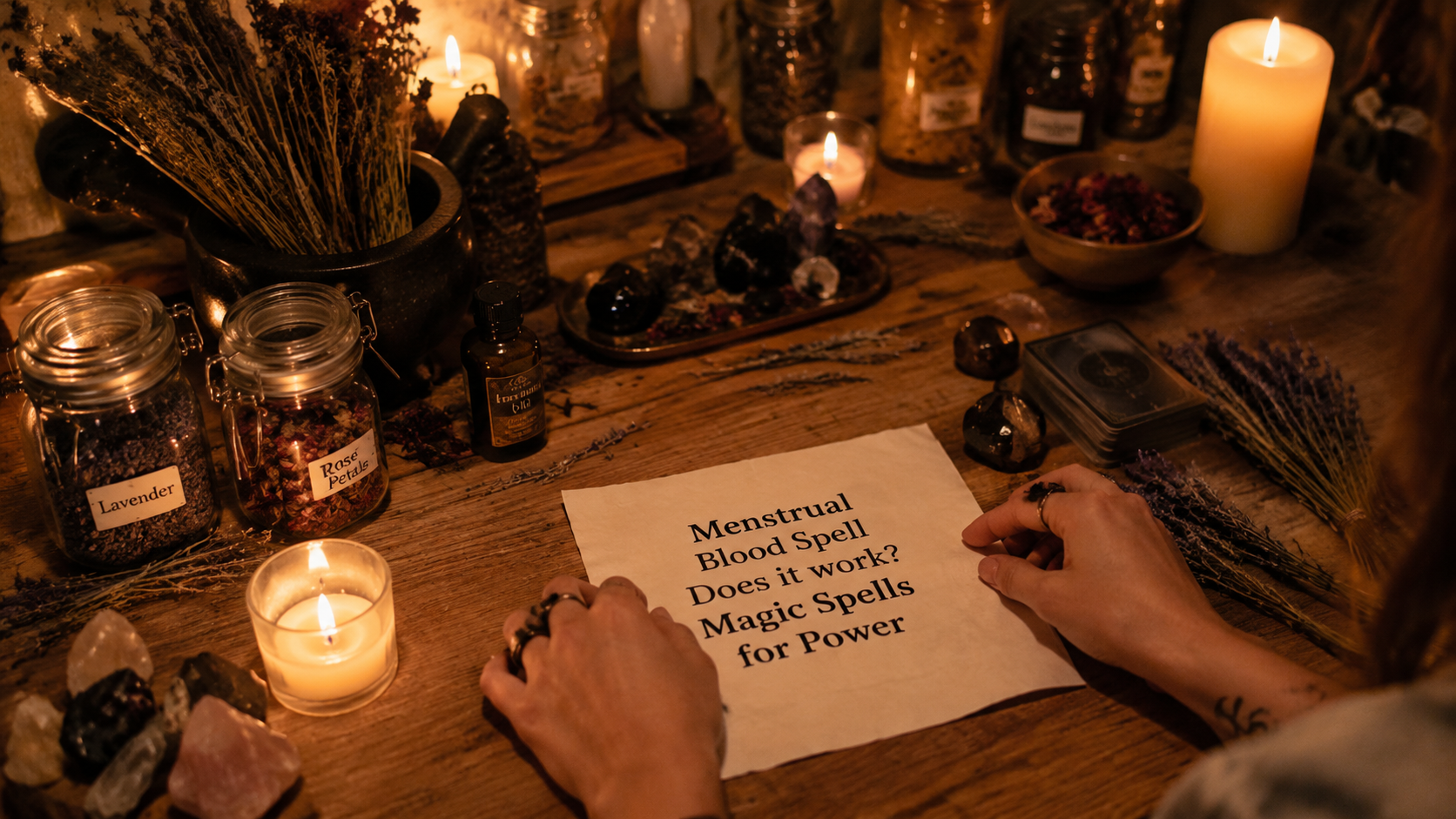 Mystical candles and ritual tools for a menstrual blood spell, exploring magic spells for power and spiritual influence