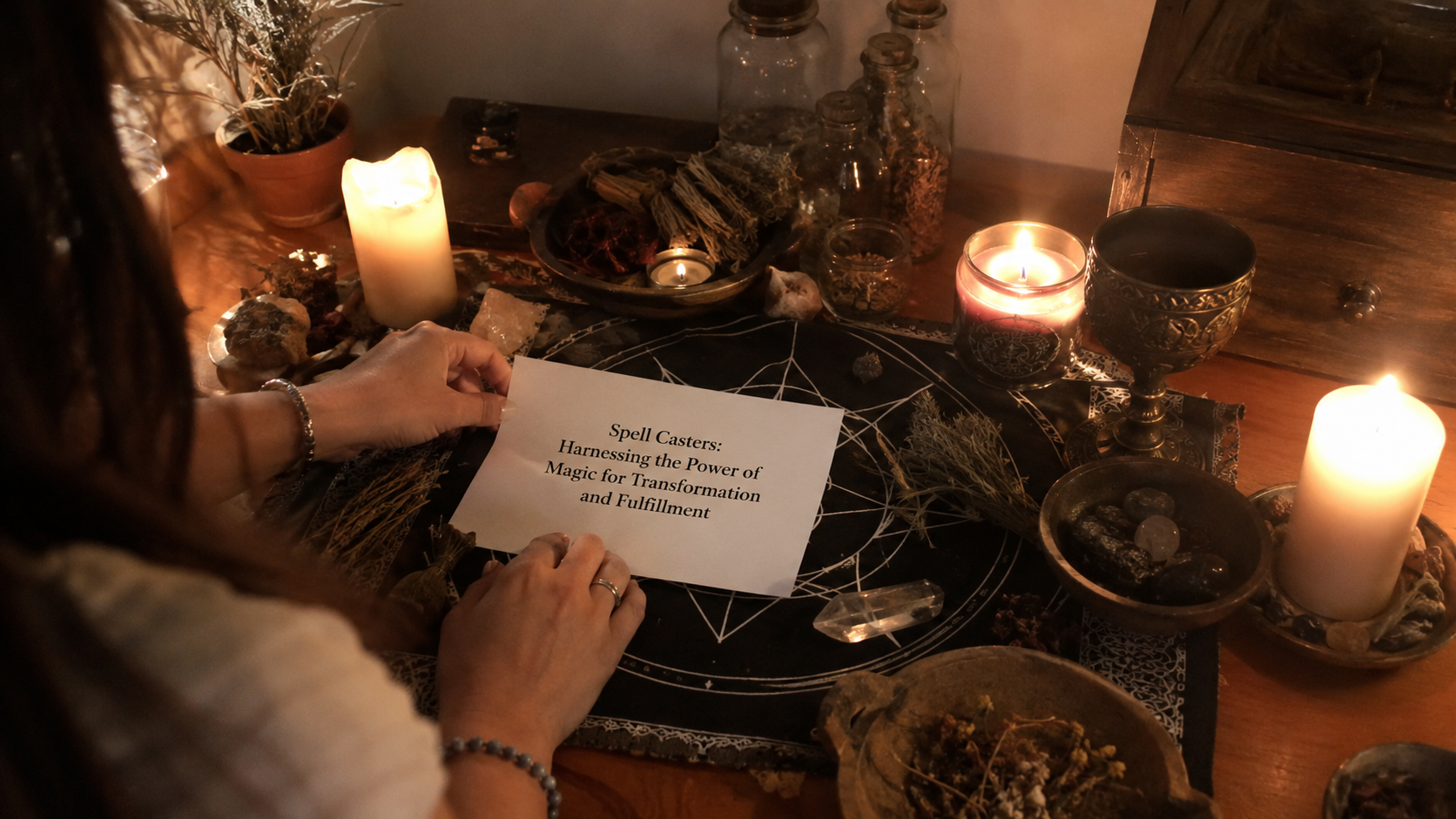 Spell casters channel magical energy to inspire transformation, personal growth, and fulfillment in a mystical setting