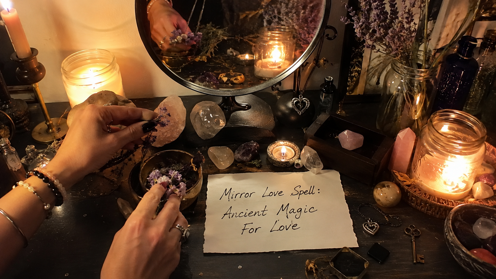 Mirror Love Spell with candles and ritual items for ancient magic and attraction, set in a mystical romantic scene