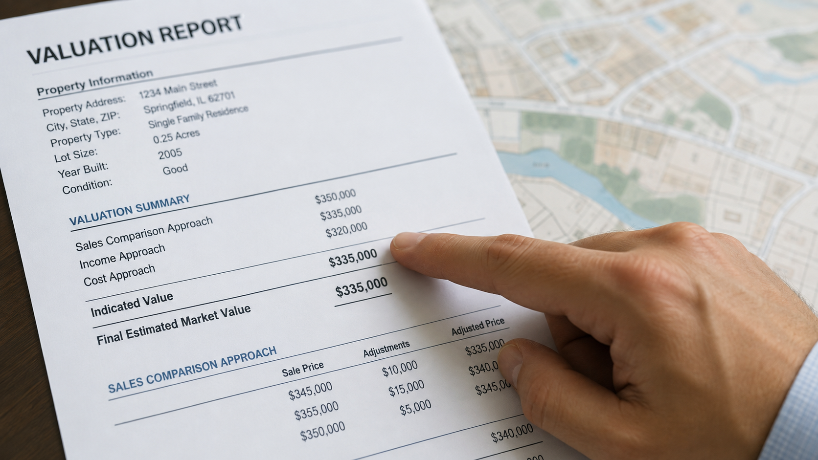 A close-up of a hand pointing to a section of a valuation report, highlighting numbers and calculations, with a blurred map in the background