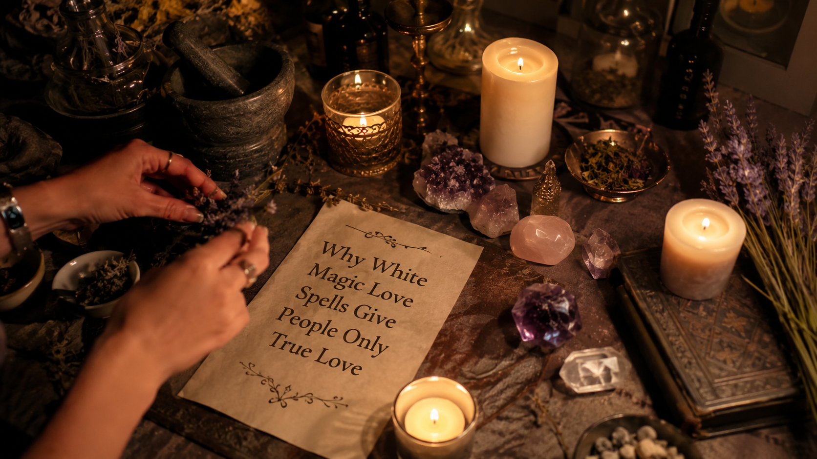 White candles and rose petals symbolizing white magic love spells for attracting true love and positive romantic energy