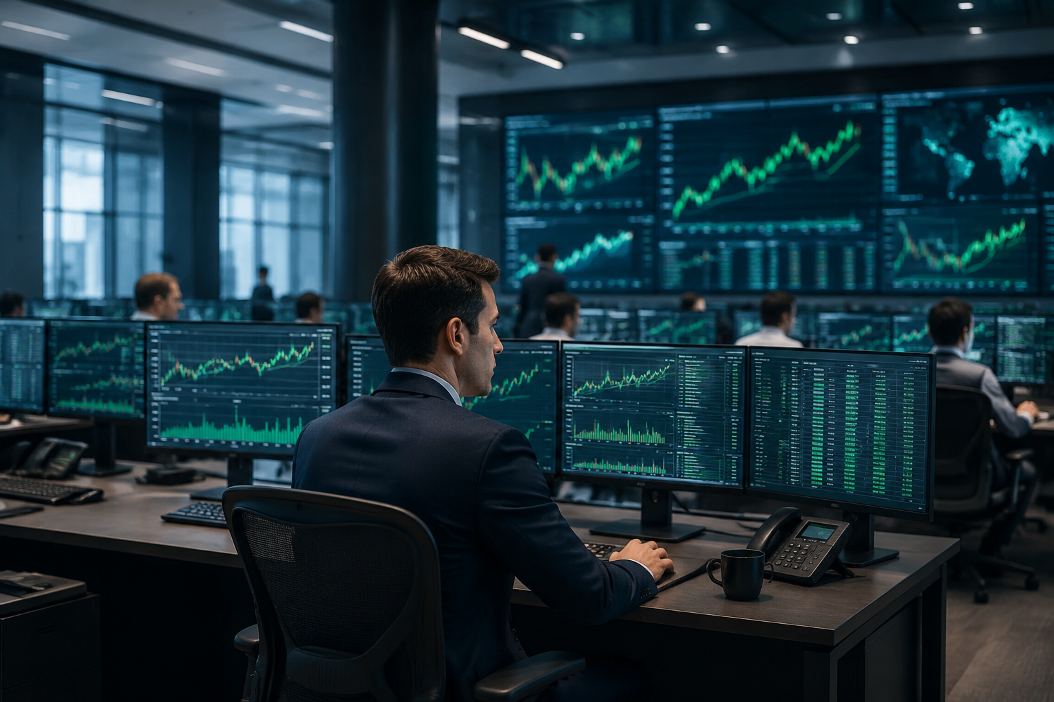 Salle de trading calme avec des graphiques boursiers stables