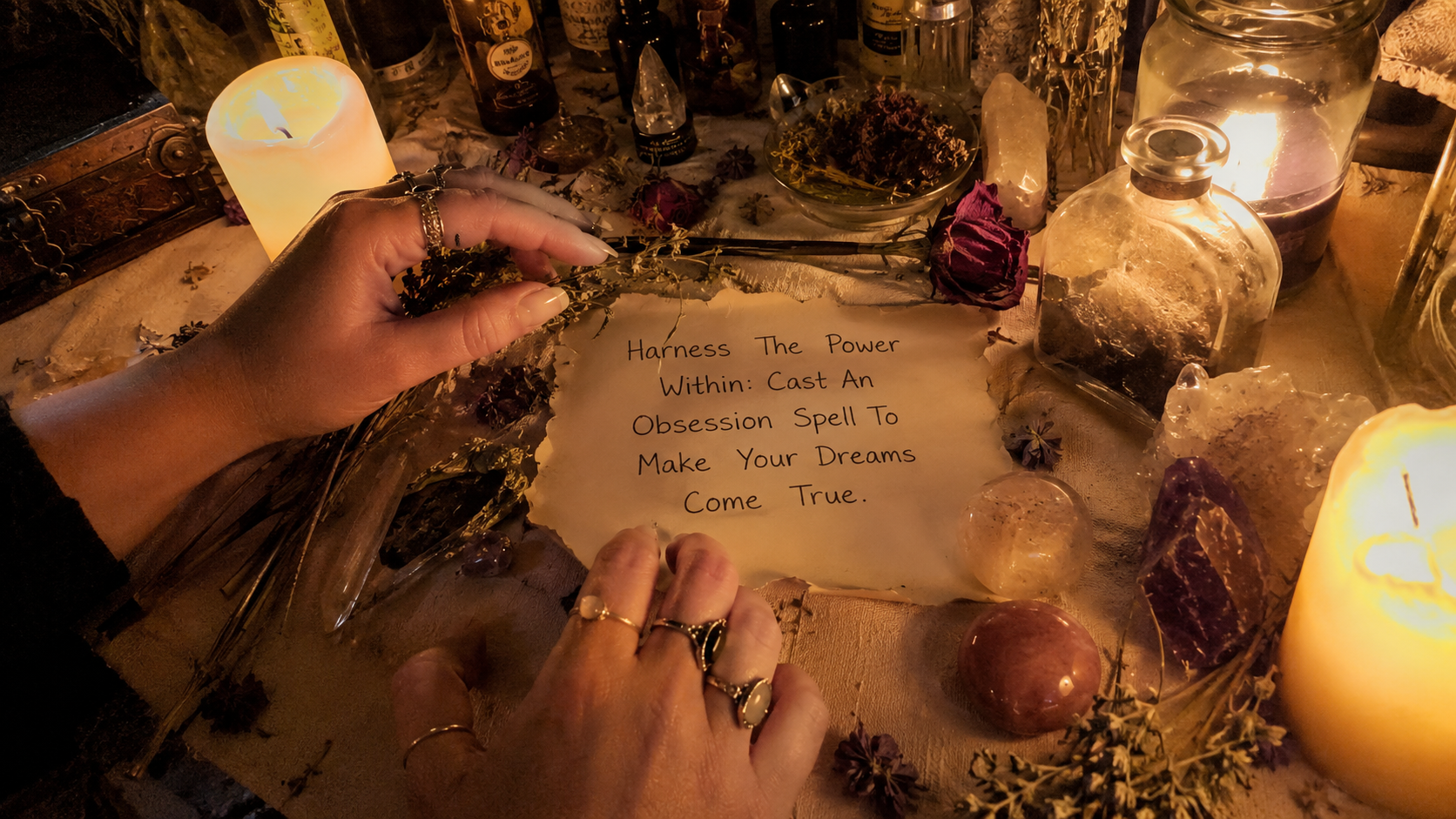 Woman holding candle and crystals for a manifestation ritual, harnessing the power within to cast an obsession spell and make dreams come true