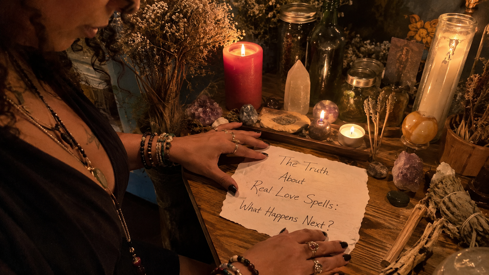 A thoughtful image representing the truth about real love spells and what happens next, with mystical candles and a romantic glow