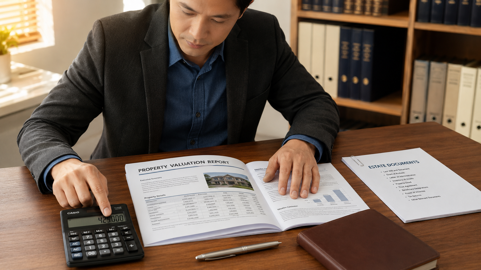 A person reviewing estate documents with a calculator and a property valuation report, conveying responsibility and precision