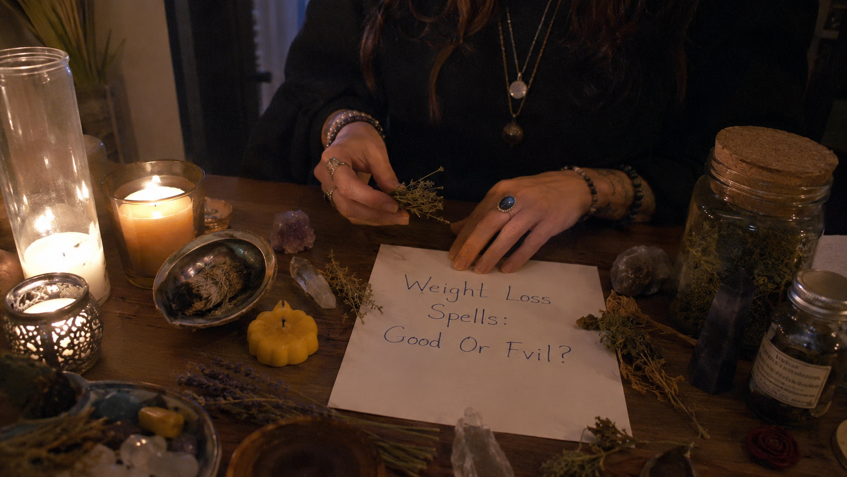 A mystical candlelit altar with herbs, crystals, and spellbook, exploring whether weight loss spells are good or evil.