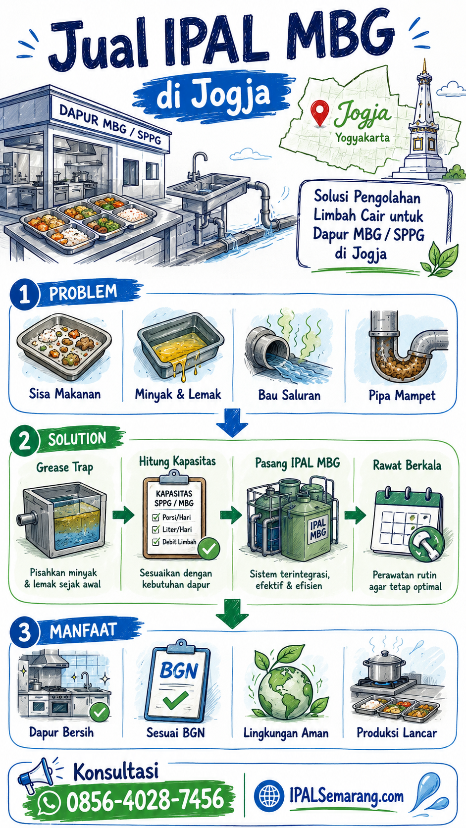 Infografis Jual IPAL MBG di Jogja tentang problem solution limbah cair dapur MBG