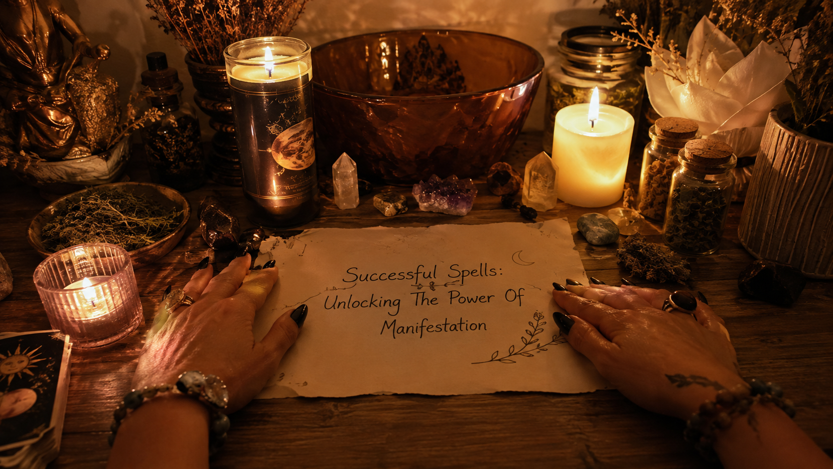Successful spells with candles, crystals, and journal for manifestation rituals and setting clear intentions