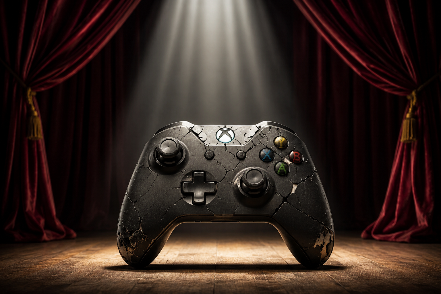 Cracked Xbox controller under showcase spotlights