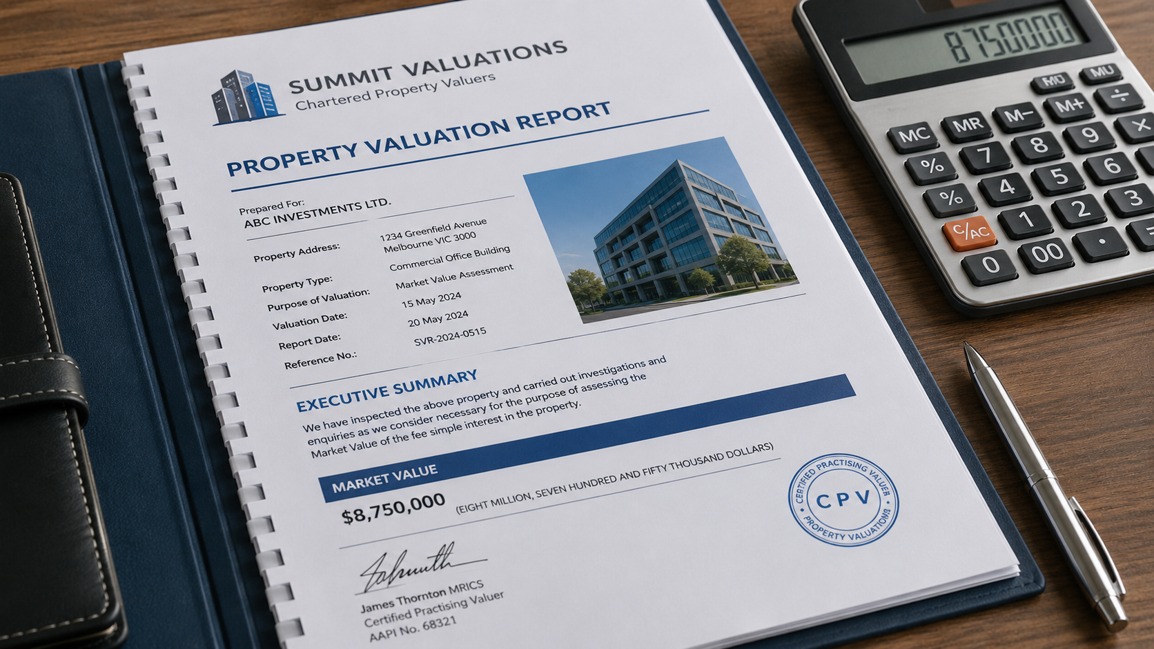 A close-up shot of a professional property valuation report open on a desk, with a pen and a calculator nearby, emphasizing detail and official appearance