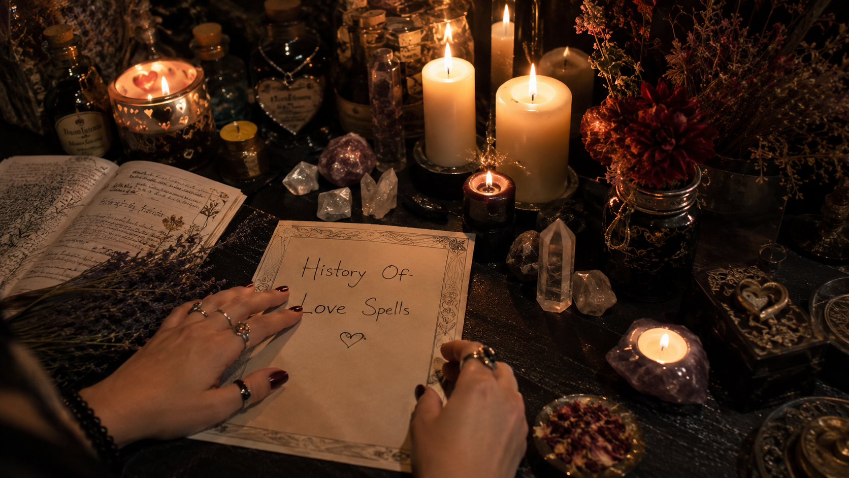 Ancient candles, herbs, and handwritten scrolls symbolizing the history of love spells across different cultures and eras