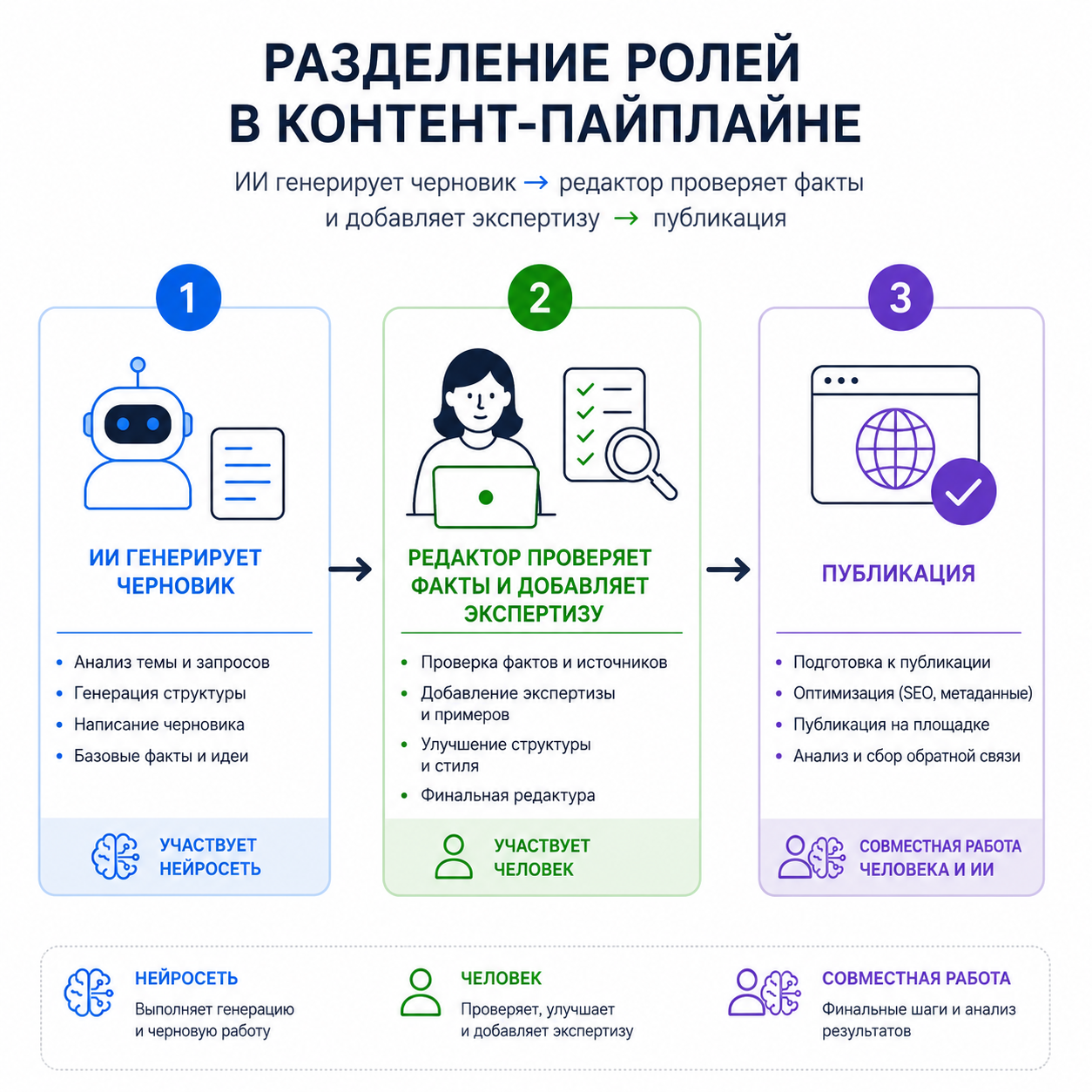 Разделение ролей в контент-пайплайне: ИИ генерирует черновик → редактор проверяет факты и добавляет экспертизу → публикация. Показать три этапа со стрелками и указанием, где участвует человек, а где нейросеть