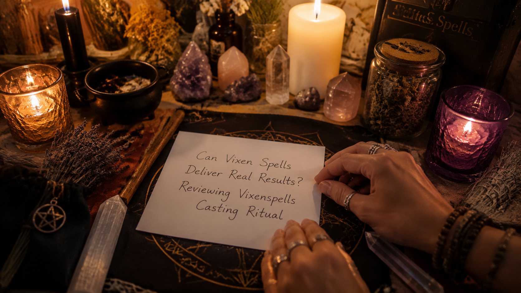 Vixenspells Casting Ritual image showing a candlelit spell setup with herbs, crystals, and ritual tools for manifestation.