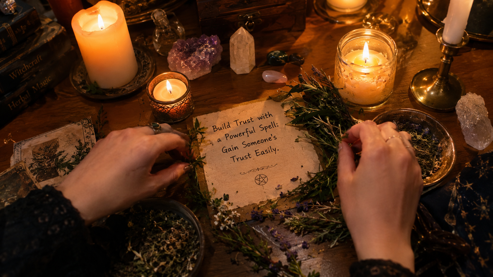 A glowing spell candle beside herbs and crystals, symbolizing a ritual to gain someone’s trust easily