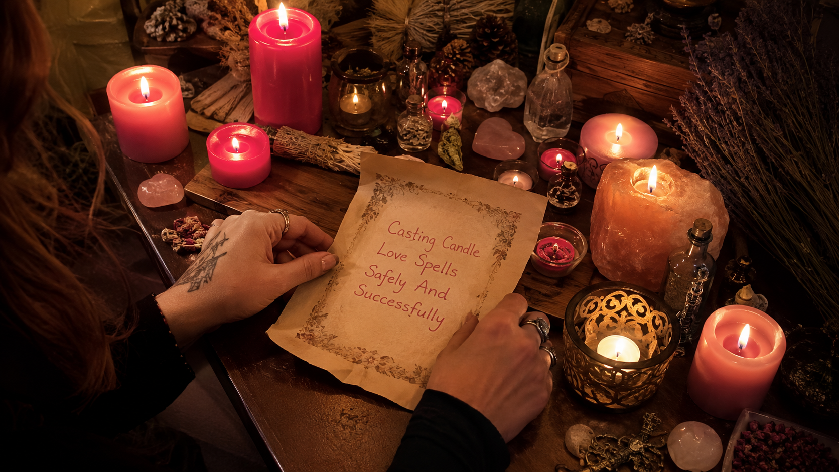 Candle love spell ritual setup with candles, herbs, and crystals arranged for a safe and successful casting practice