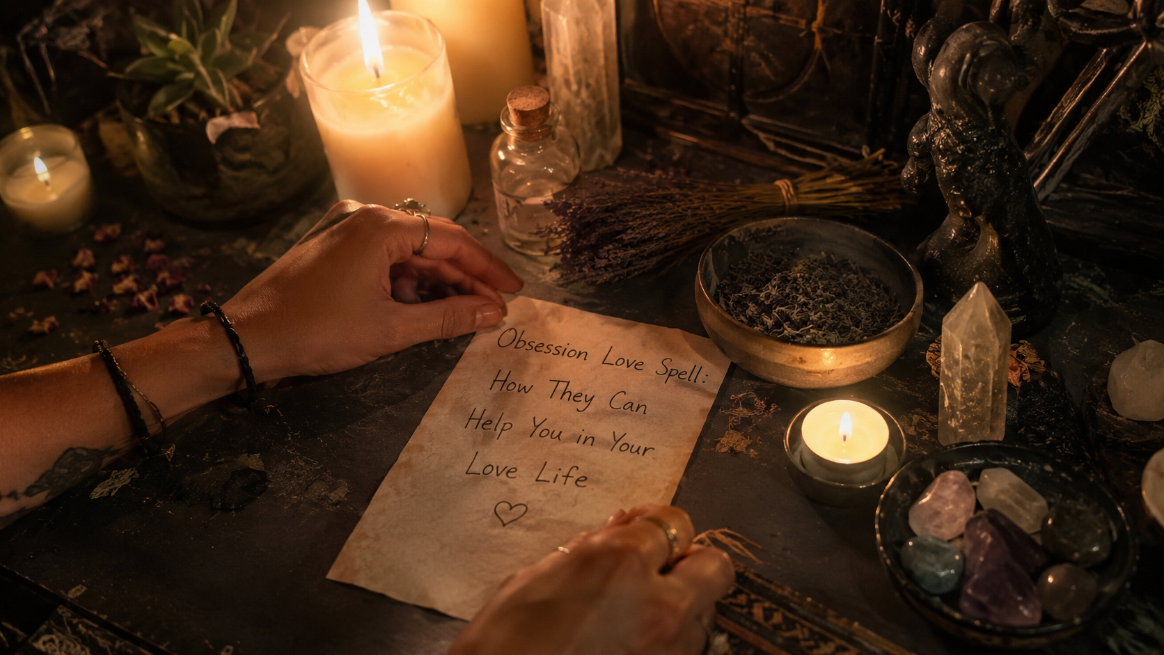 Hands casting a love spell over candles and roses, symbolizing obsession love spell rituals for romance and relationship help