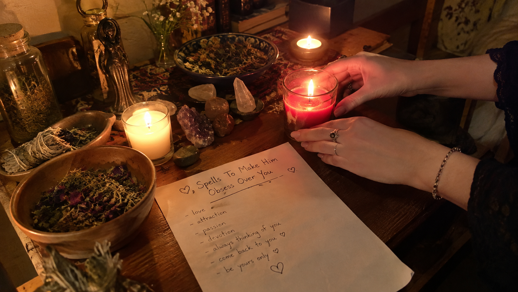 Romantic candlelit spell setup with crystals, herbs, and a handwritten charm for spells to make him obsess over you