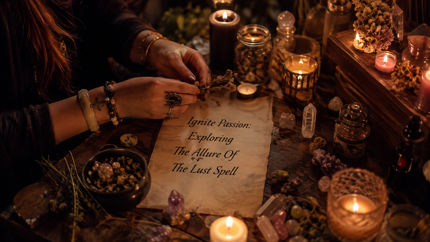 Mystical candlelit scene with a glowing love potion, roses, and a spellbook capturing the allure of a lust spell