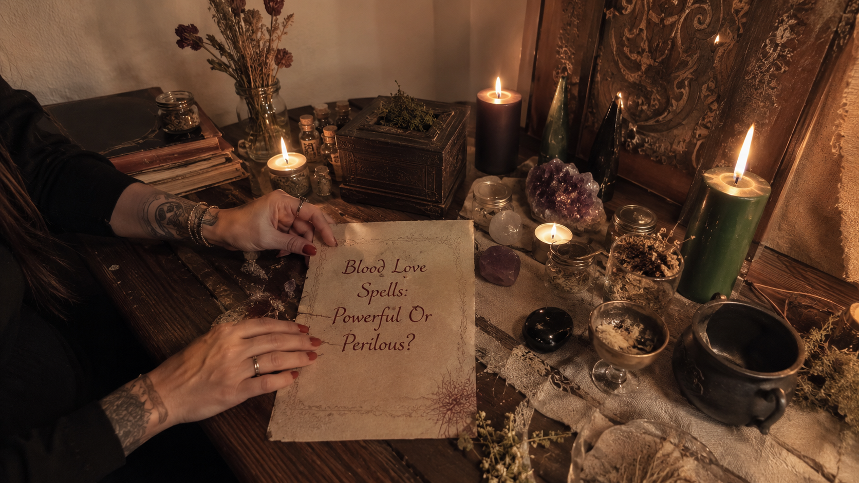 A candlelit spell setup with red roses, ritual tools, and a glowing heart symbol exploring blood love spells, power, and danger
