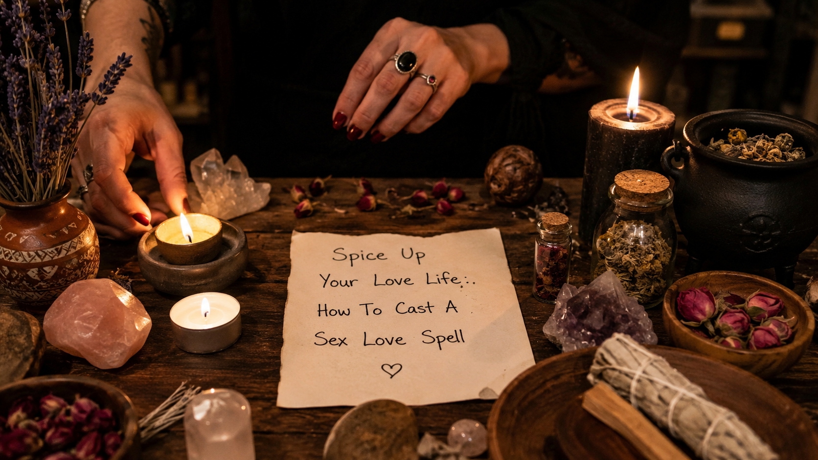 Couple with candles and herbs for a sex love spell ritual to spice up your love life naturally