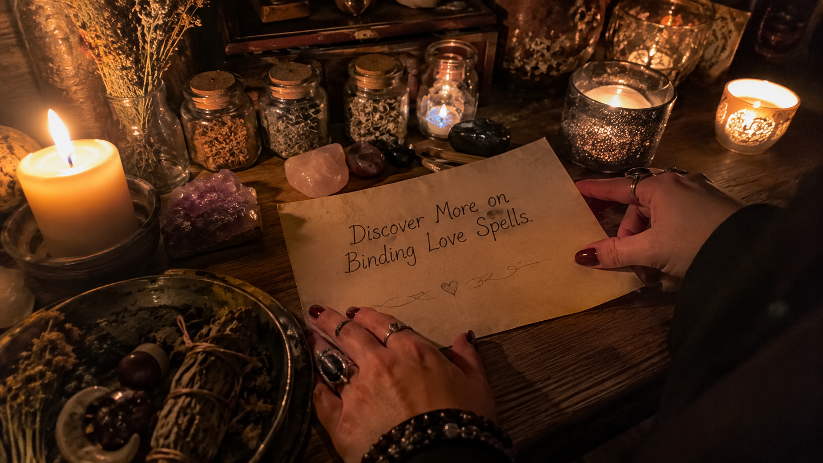 Discover more on binding love spells with a mystical candle and runes arranged on a dark altar for a magical ritual scene