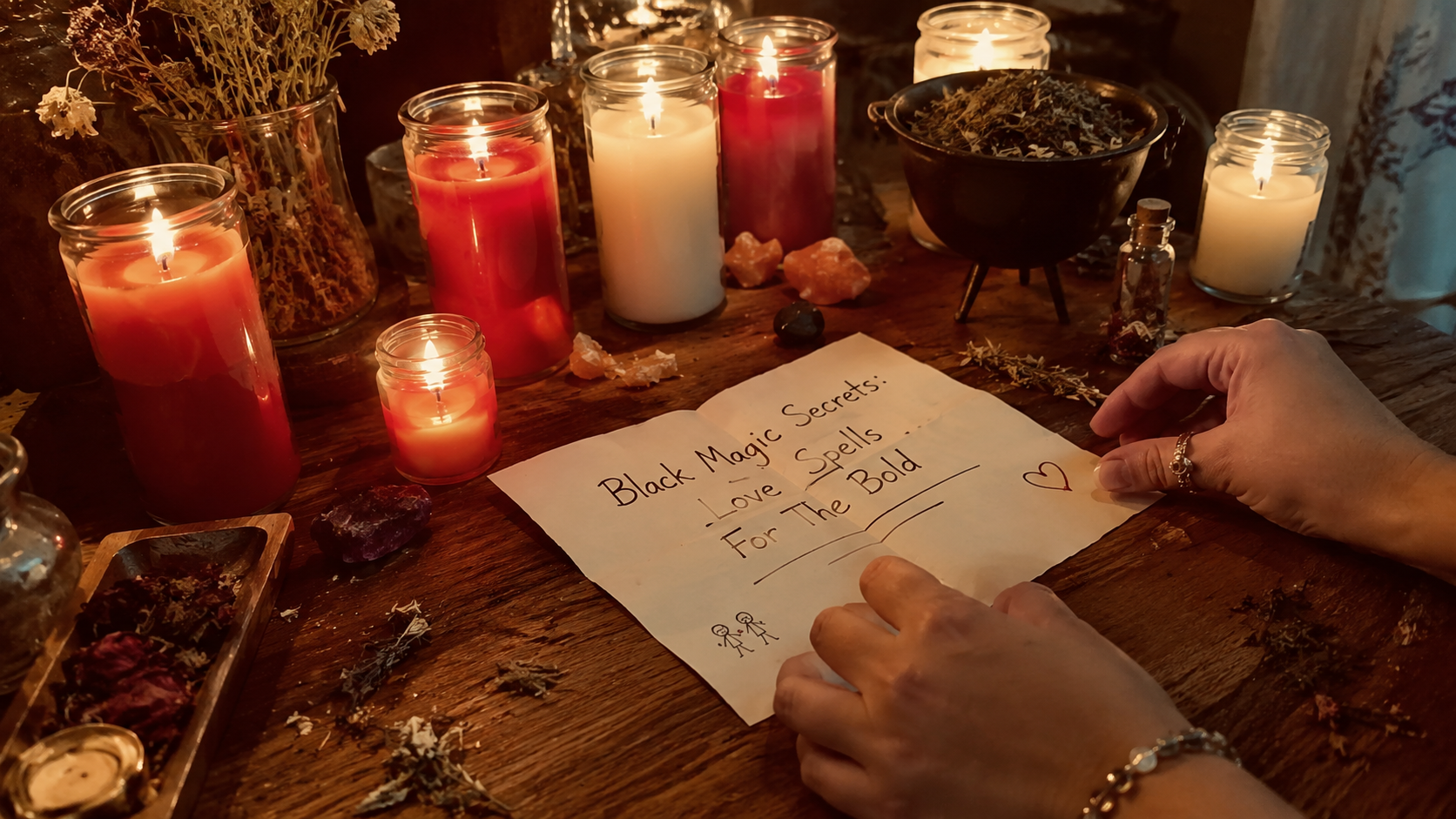 Mystical candles and ritual tools set the mood for black magic secrets and love spells for the bold in a dark, enchanting scene