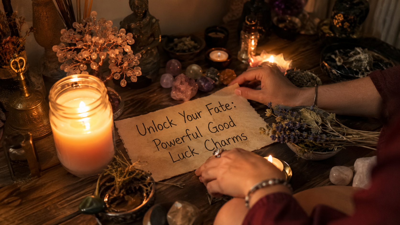 A collection of powerful good luck charms displayed together, including a horseshoe, four-leaf clover, and lucky symbols for positivity