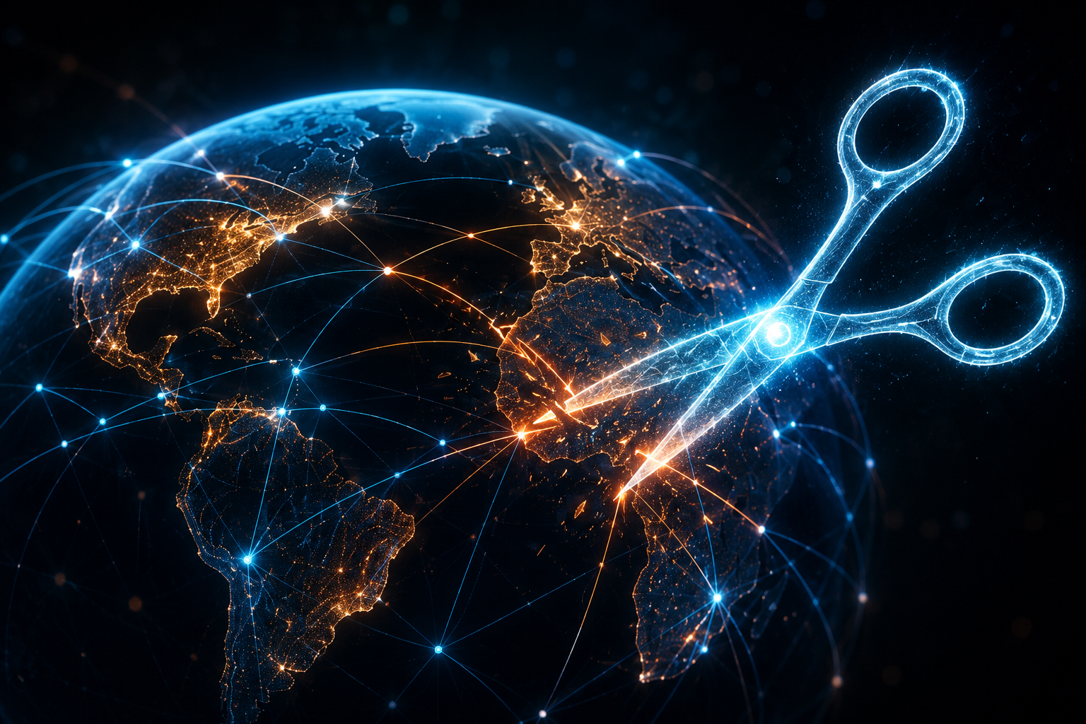 Globe numérique avec des lignes de connexion mondiales, certaines sectionnées par des ciseaux lumineux