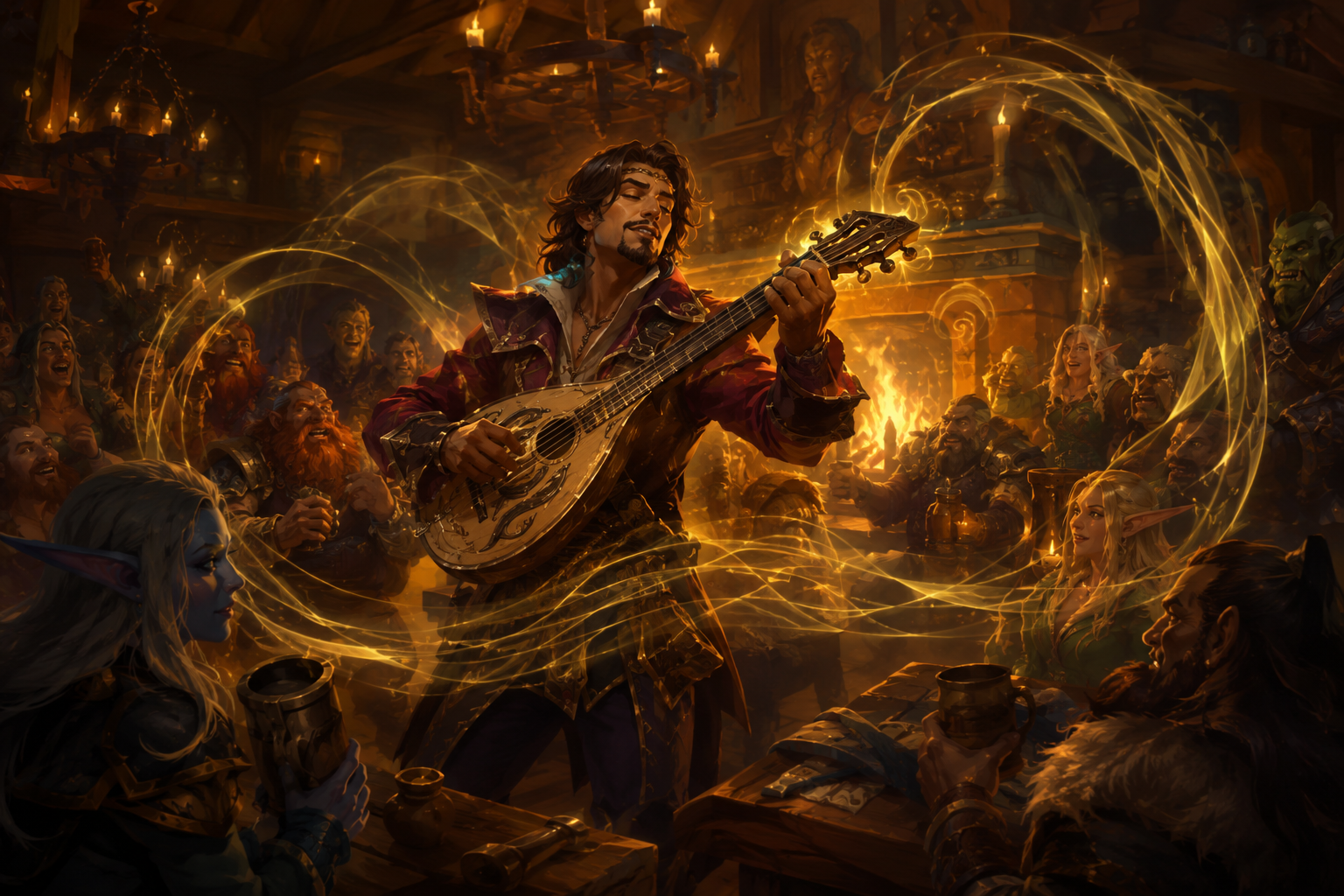 Bard playing a lute in a tavern, glowing sound waves