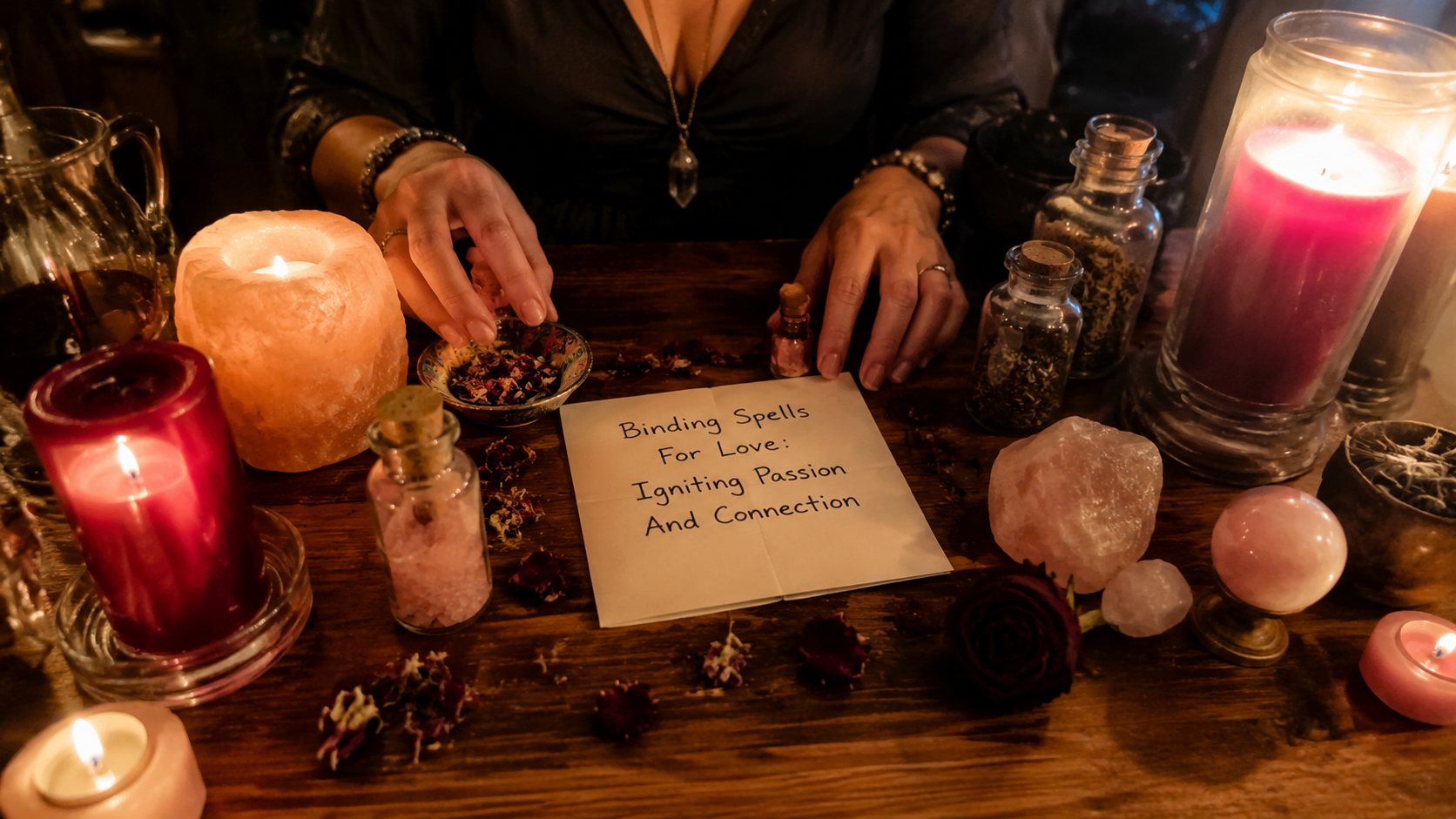 Binding spells for love with glowing candles and romantic symbols, representing passion, connection, and heartfelt intentions