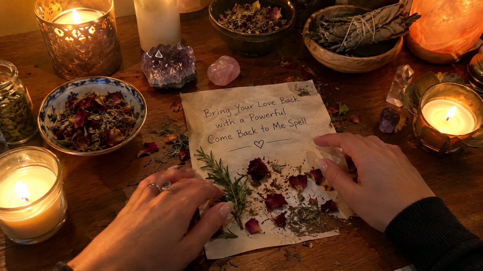 A candlelit ritual altar with crystals and herbs, symbolizing a powerful come back to me spell to reunite lost love