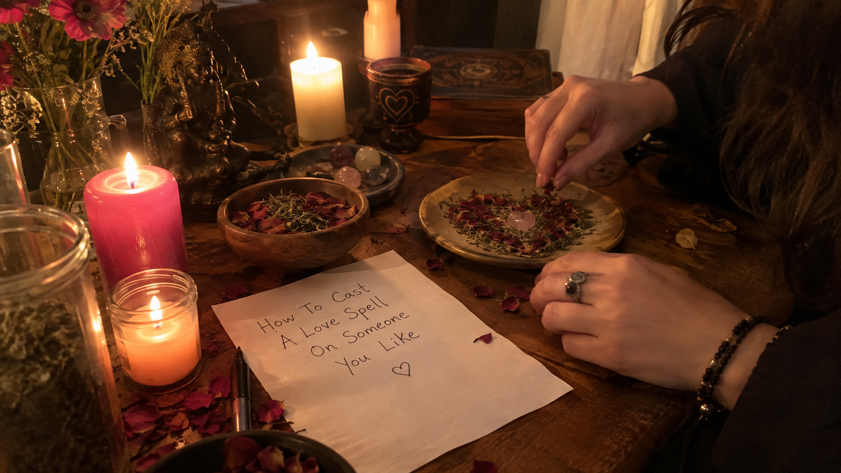 Person holding candles and herbs during a love spell ritual, with a mystical setting for attraction and romance