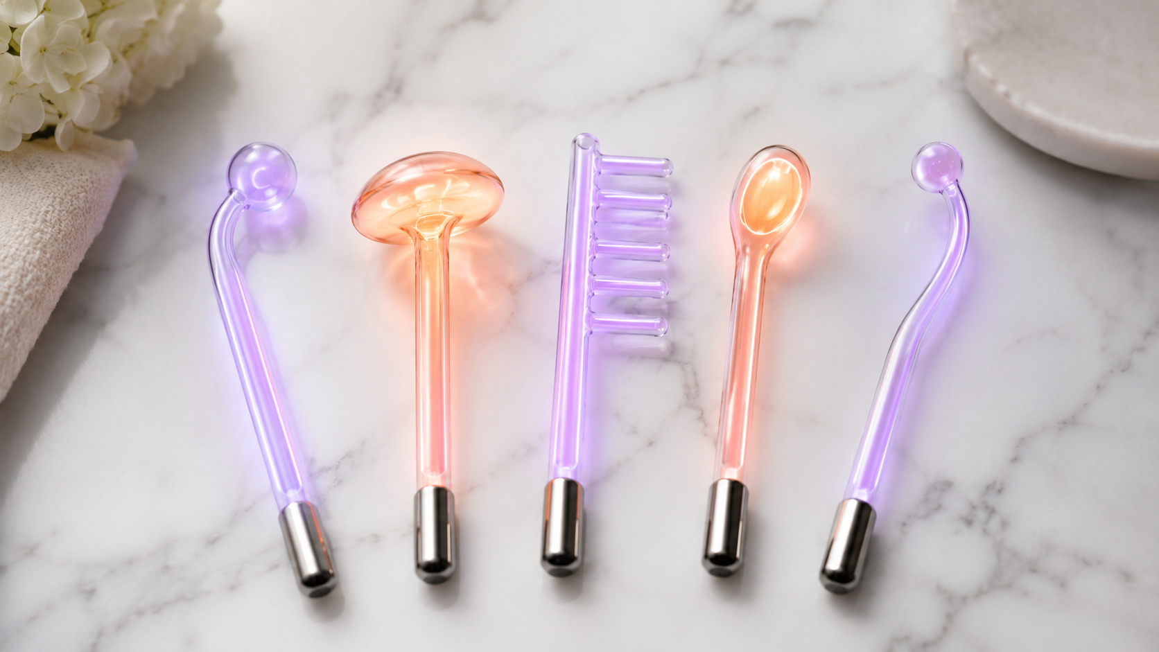 Assorted high frequency wand glass electrodes laid out on marble surface