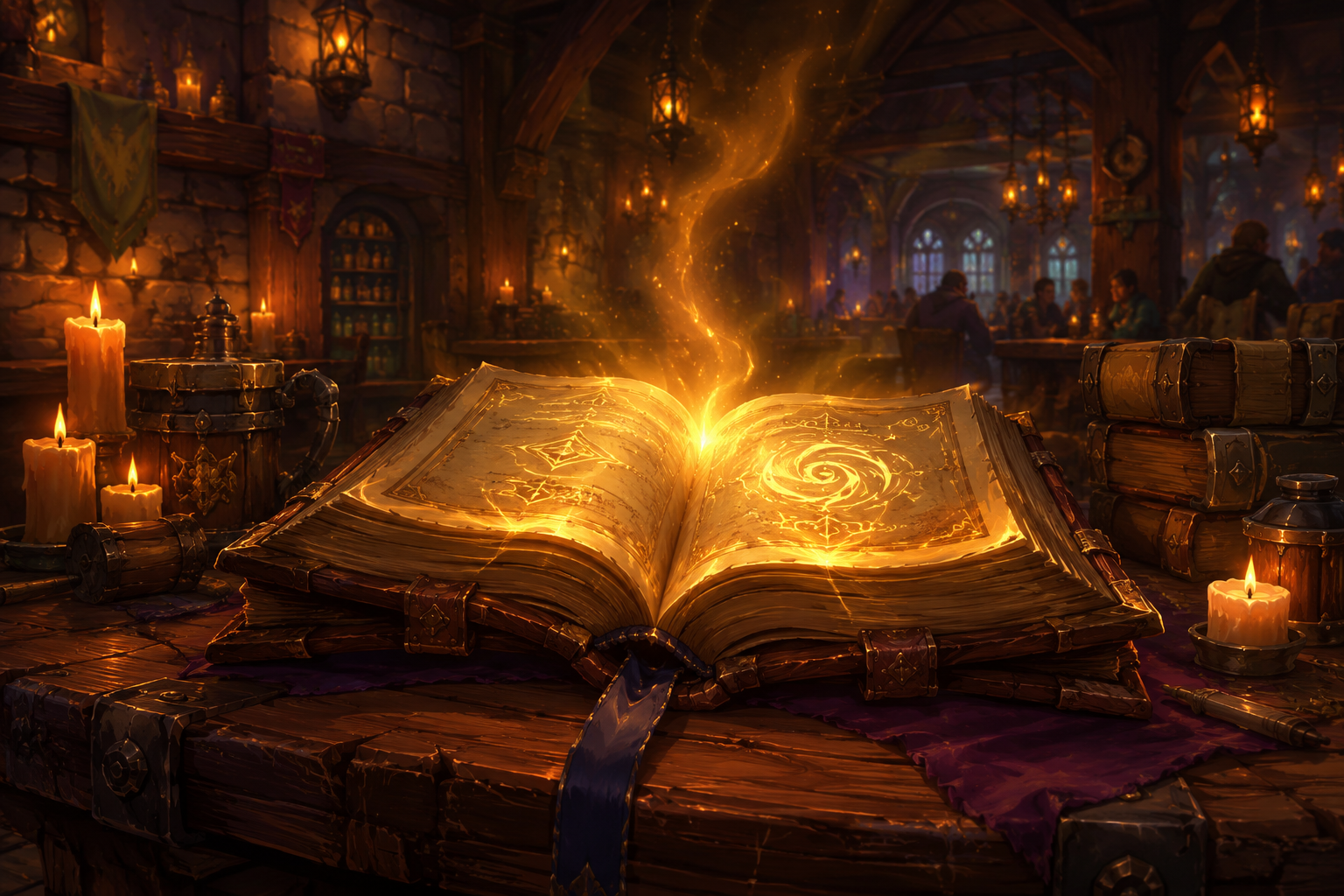 Ascension en français : grimoire magique ouvert dans une taverne