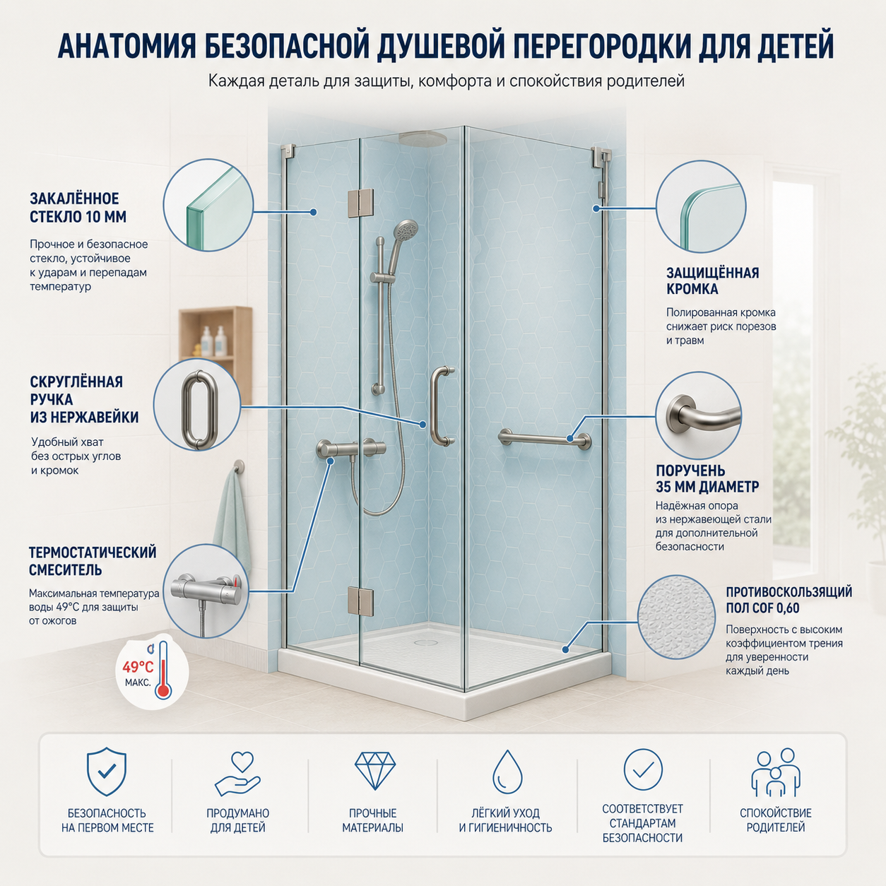 Anatomy of Safe Shower Enclosure for Kids — схема душевой перегородки с выносками: закалённое стекло 10 мм, защищённая кромка, скруглённая ручка из нержавейки, поручень 35 мм диаметр, противоскользящий пол COF 0,60, термостатический смеситель 49°C макс