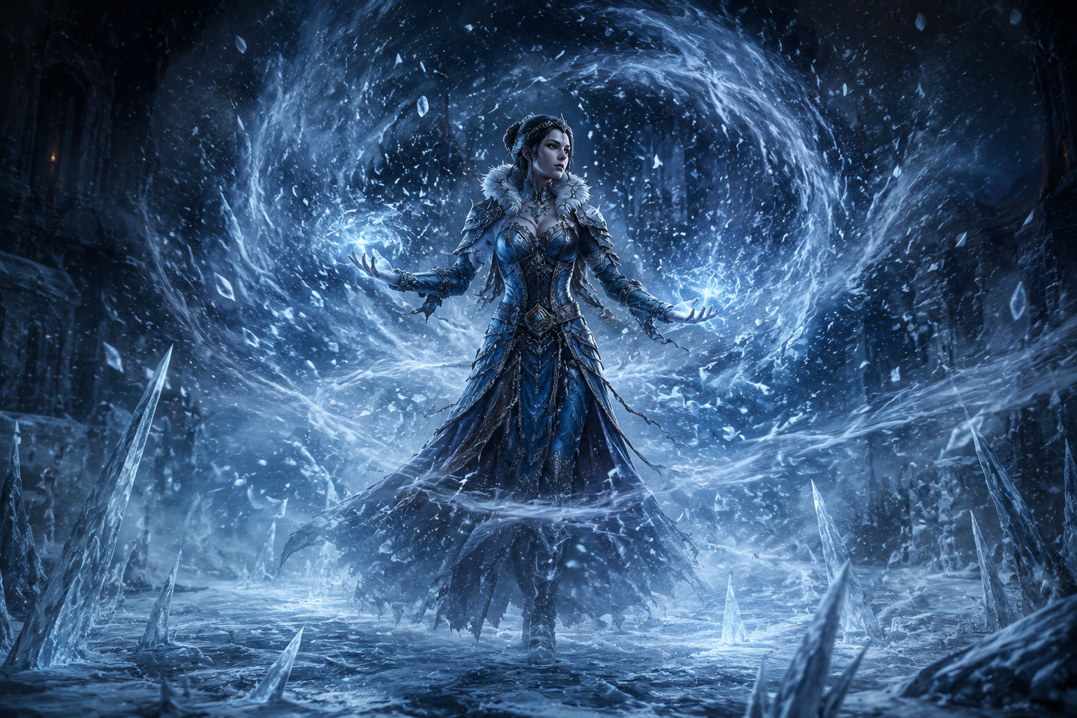 Sorcière entourée d'une aura de blizzard glacial en posture détendue