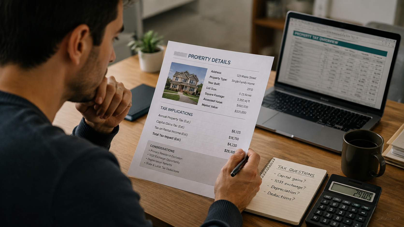 A person looking at a document with property details and a pen, contemplating tax implications